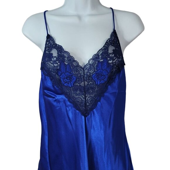 Val Mode Lingerie Blue Medium Black Lace Trim Nightie USA SatinChemise Slip VTG - Picture 2 of 6